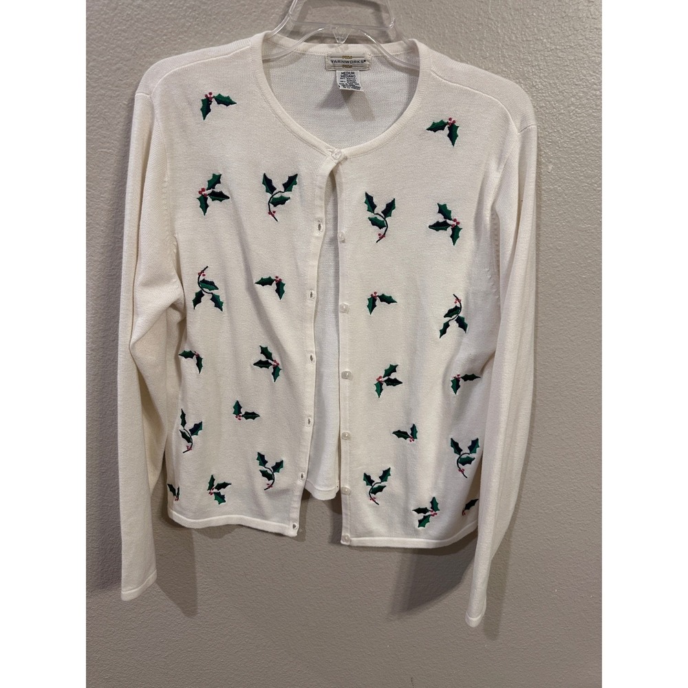 Yarnworks  Holly‎ Berry Embroidered Cardigan Sweater Women's Medium Long Sleeve